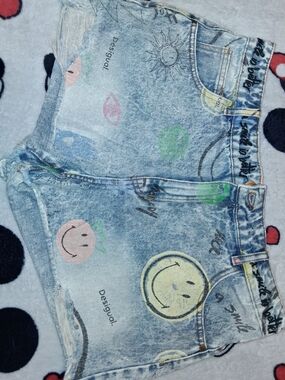 Desigual Light Blue Acid-Wash Denim Shorts with Multicolor Smiley Prints